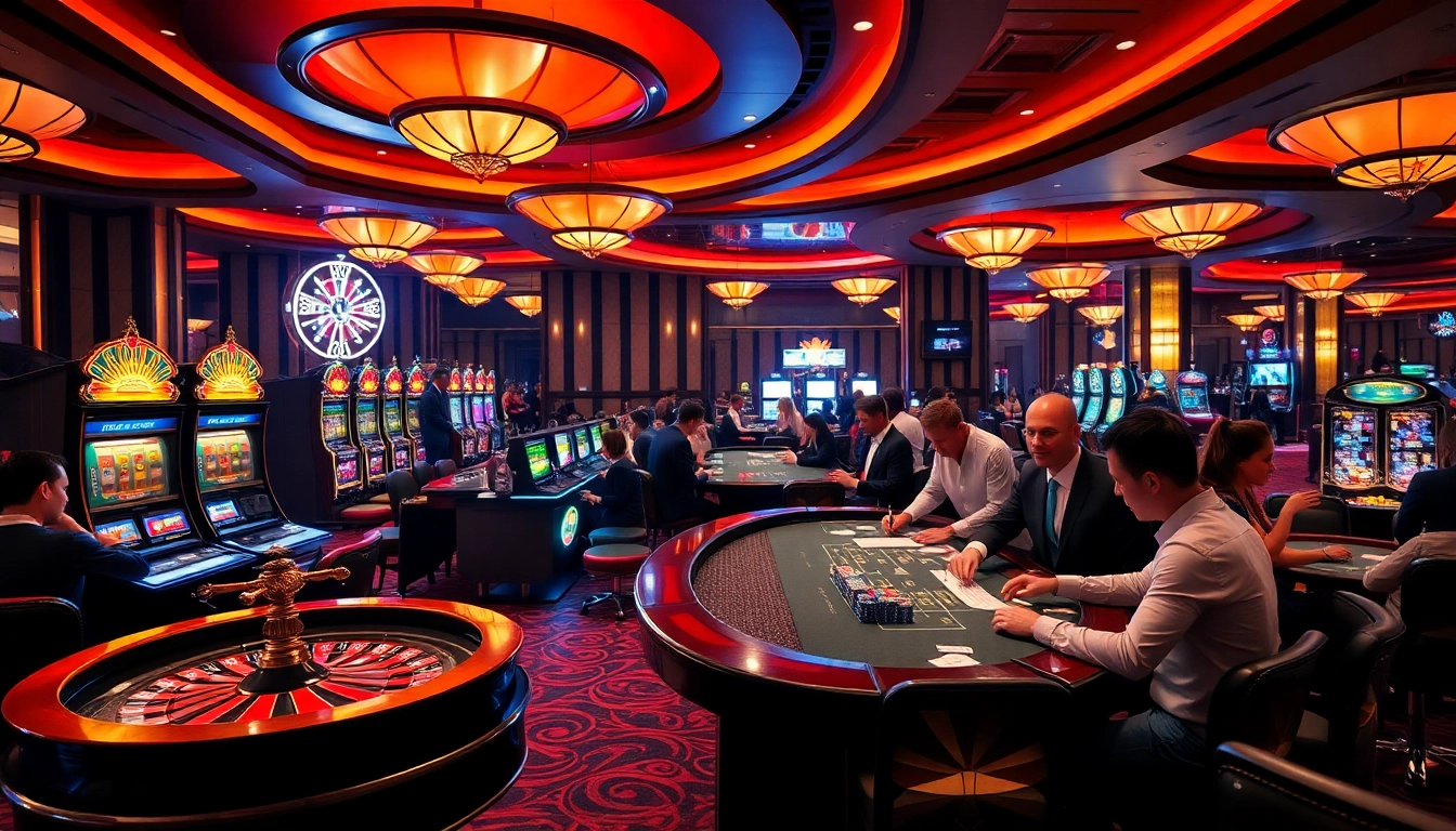 Players enjoying high-stakes games at a luxurious 222BD casino with roulette and slot machines.