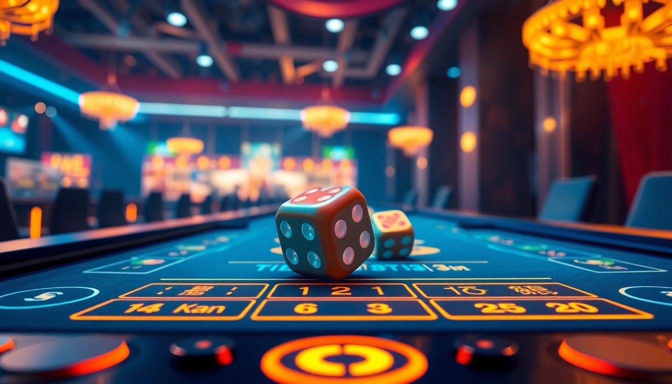 Tai Xiu game interface showcasing vibrant dice and betting options in a dynamic online casino setting.