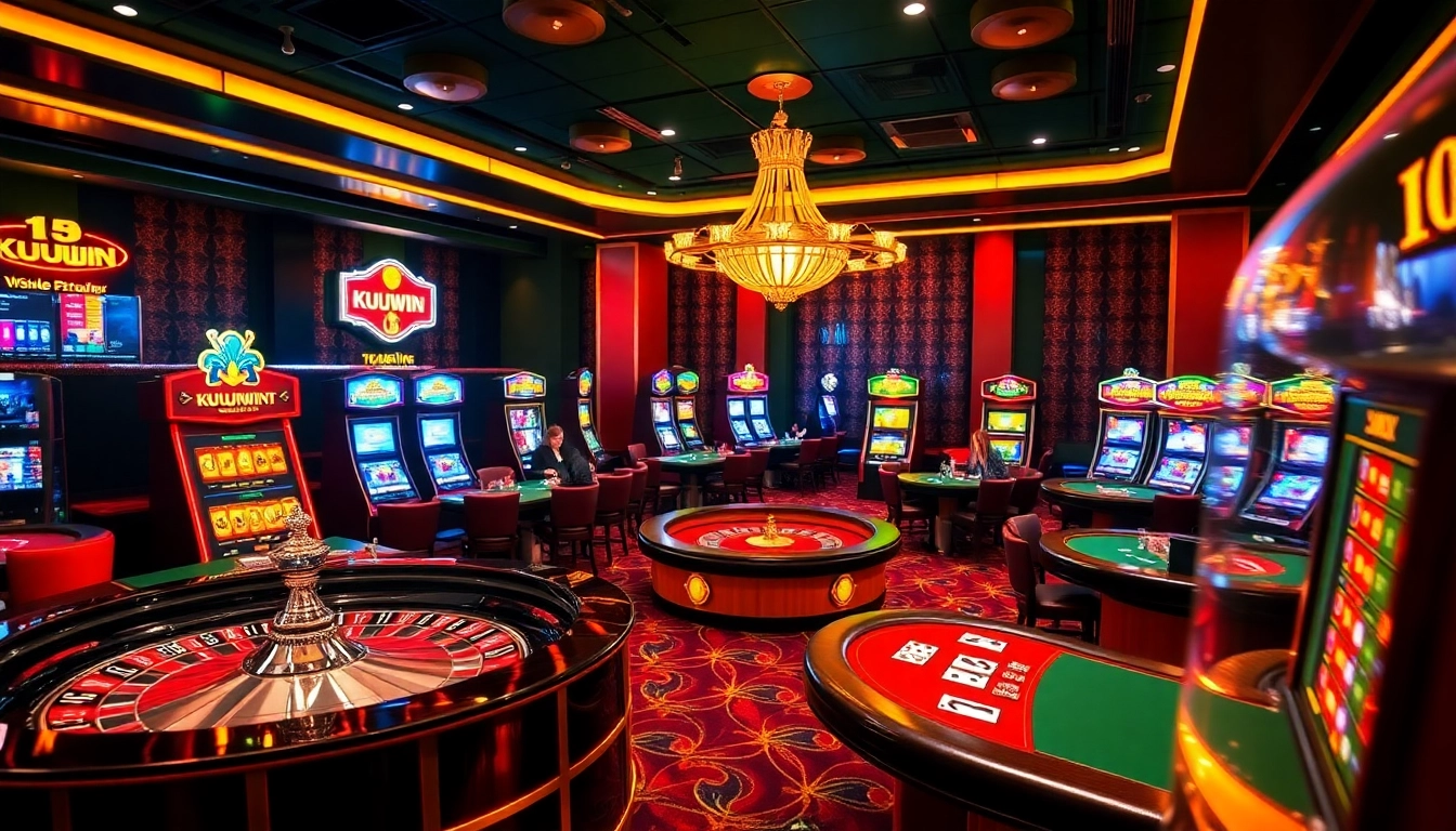 Experience the excitement of kuwin at a luxurious casino filled with poker tables and vibrant slot machines.