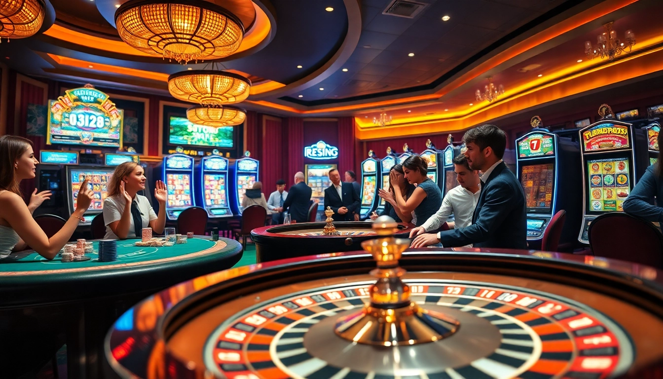 Engage with the thrilling atmosphere of truy cập okfun at a luxurious casino, featuring vibrant poker tables and excited players.