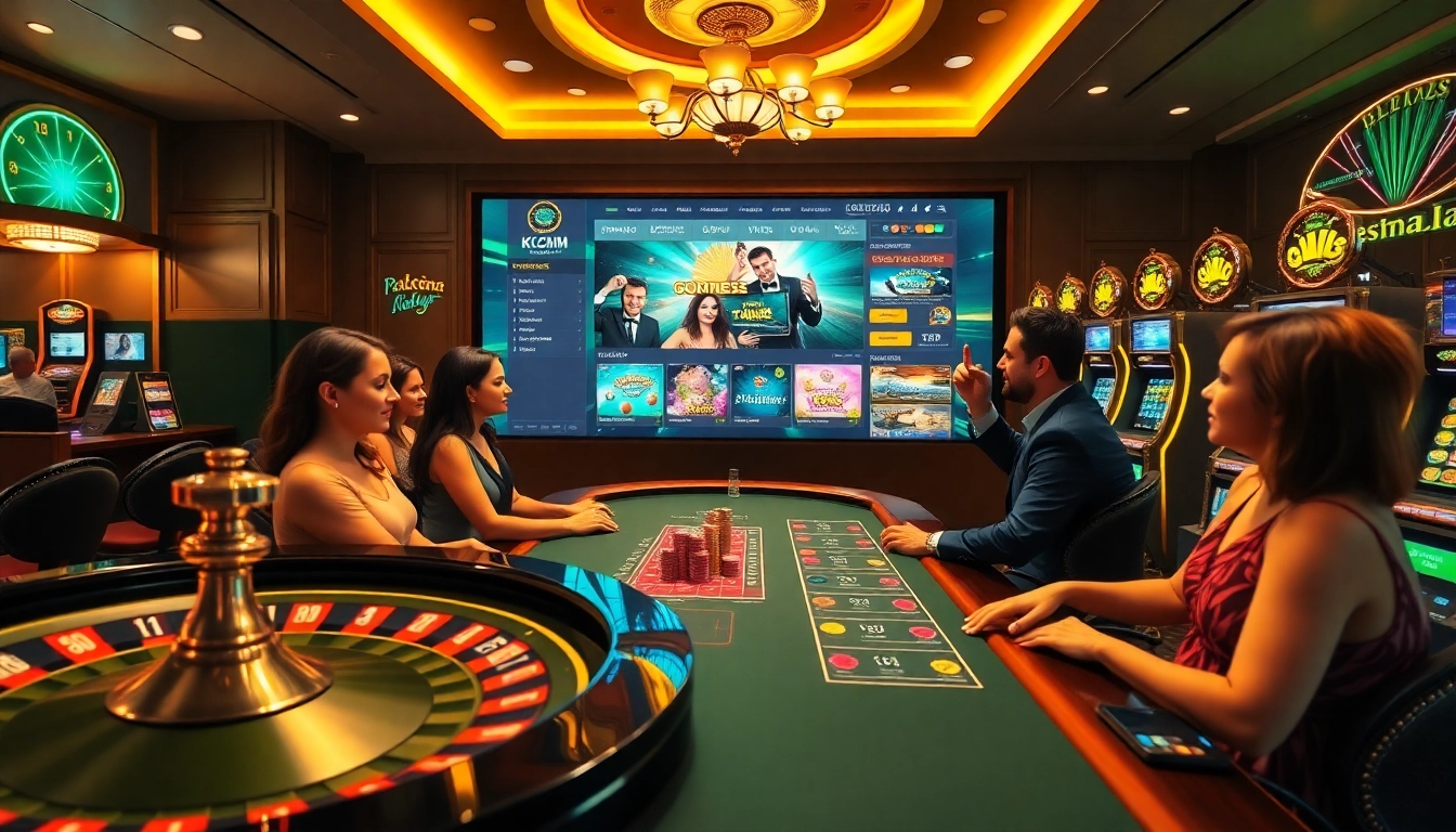 Exciting casino atmosphere showcasing online gambling at https://kjcmh.com/ with roulette, poker, and slot machines.