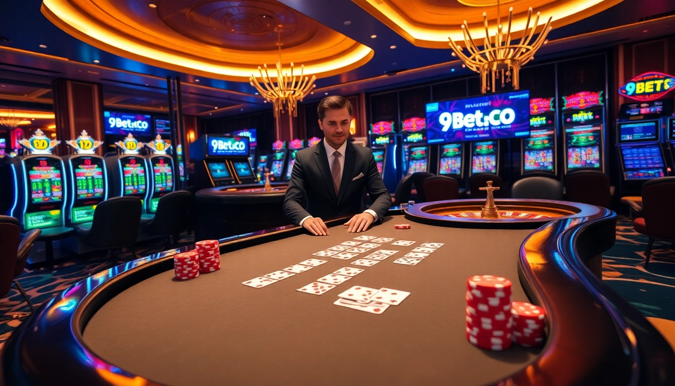 Experience thrilling gameplay at https://9bet0.us.com/, featuring a vibrant casino atmosphere with poker and slot action.