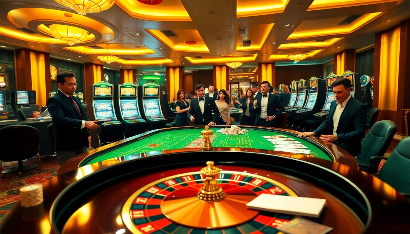 Excited players engaging at a luxurious casino scene with games from https://rr88.navy/.