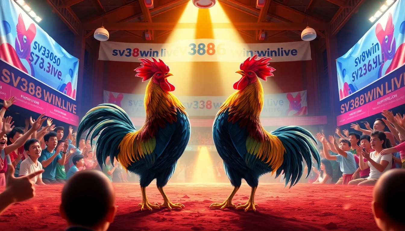 Watch vibrant cockfighting at sv368win.live with colorful roosters in a cheering crowd.