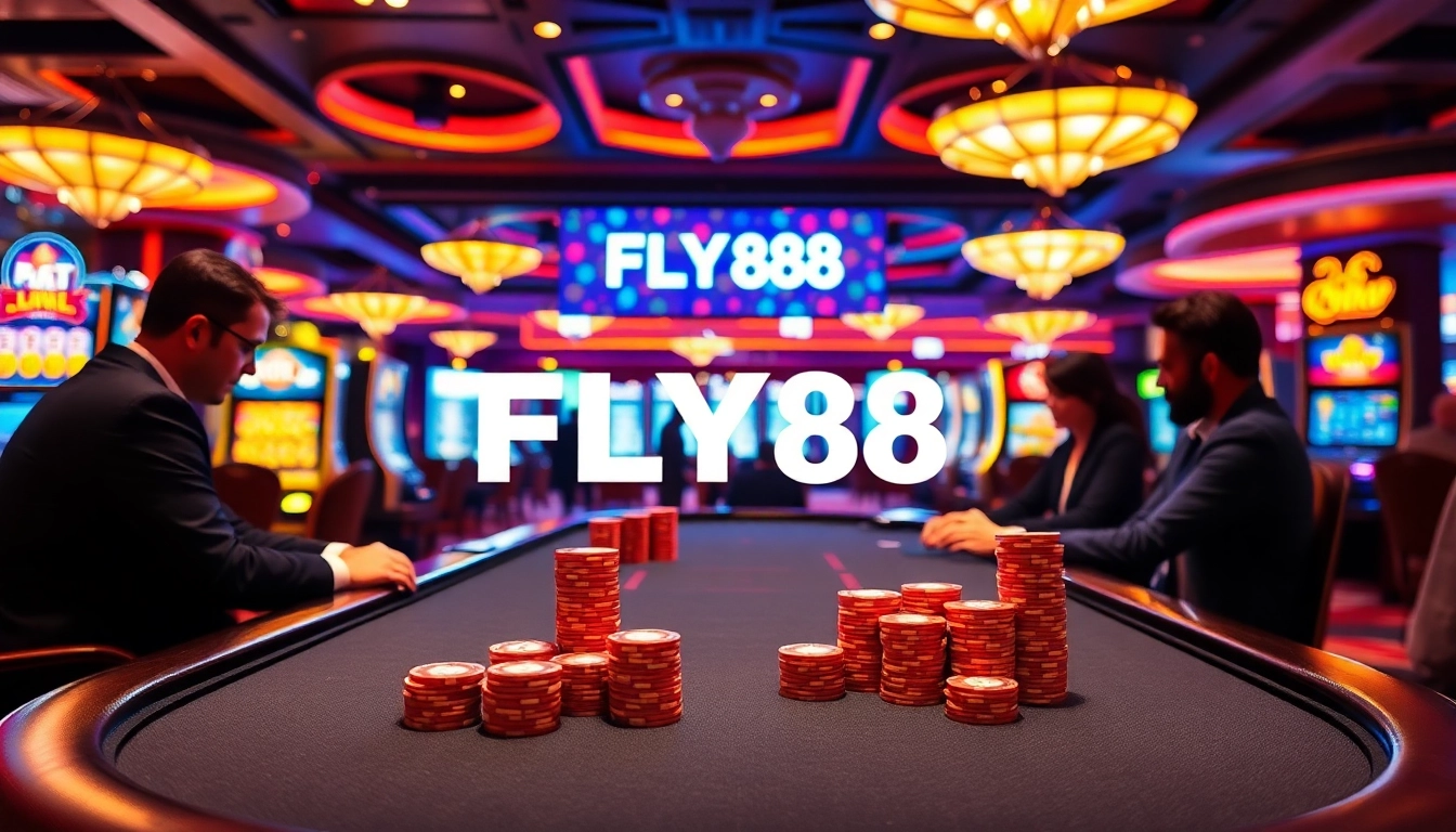 Engaged players strategizing at a FLY88 poker table in a vibrant casino setting.