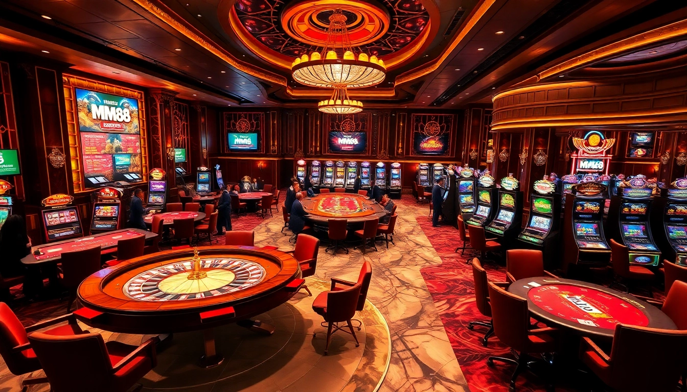 Thrilling scene of MM88 casino with roulette, poker, and slot machines showcasing a vibrant gambling atmosphere.