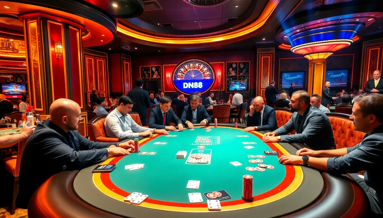 Players gamble intensely at DN88 poker table, showcasing excitement and luxury in the casino.