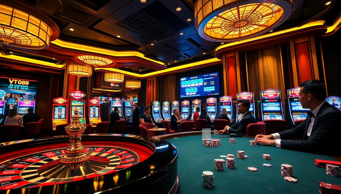 Excited players engaging in high-stakes games at a VT 88 casino setting.