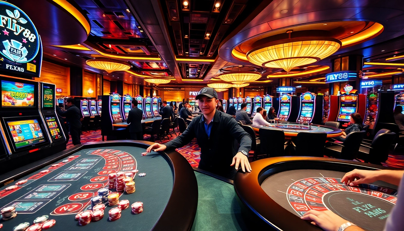 FLY88 casino scene showcasing players at tables and vibrant slot machines in a luxurious setting.