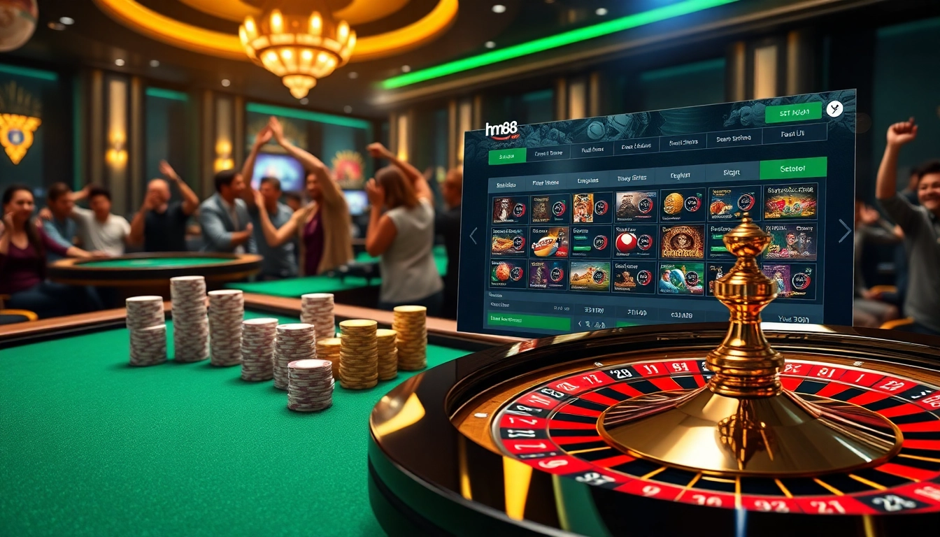 Exciting casino experience showcasing hm88 online gaming interface with roulette and poker elements.