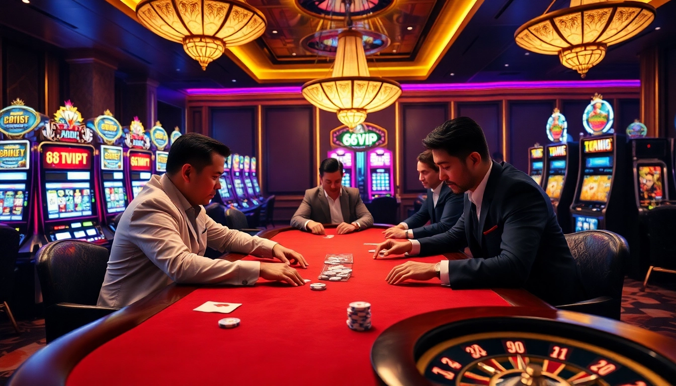 Experience thrilling gameplay at 68VIP's luxurious poker table with vibrant slot machines.