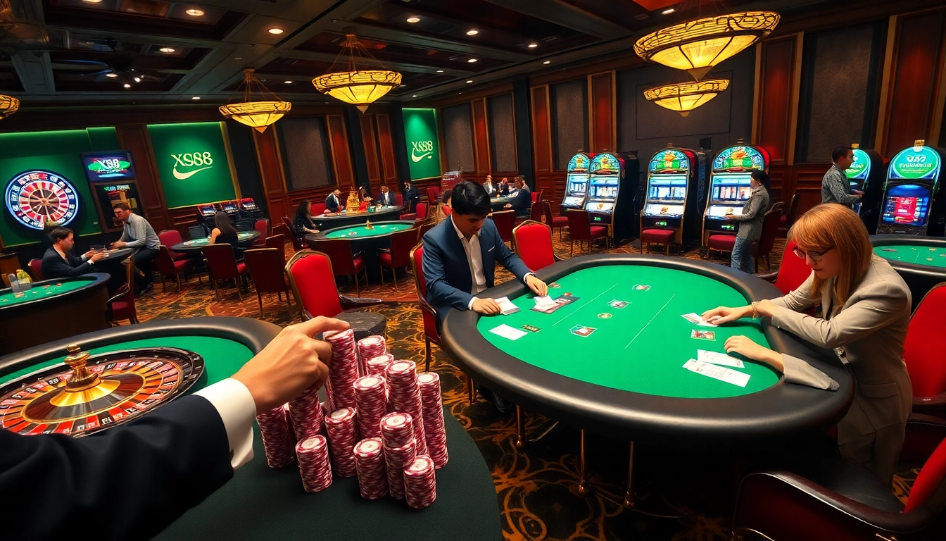 An exciting casino scene showcasing poker tables, chips, and slot machines under X88 com branding.