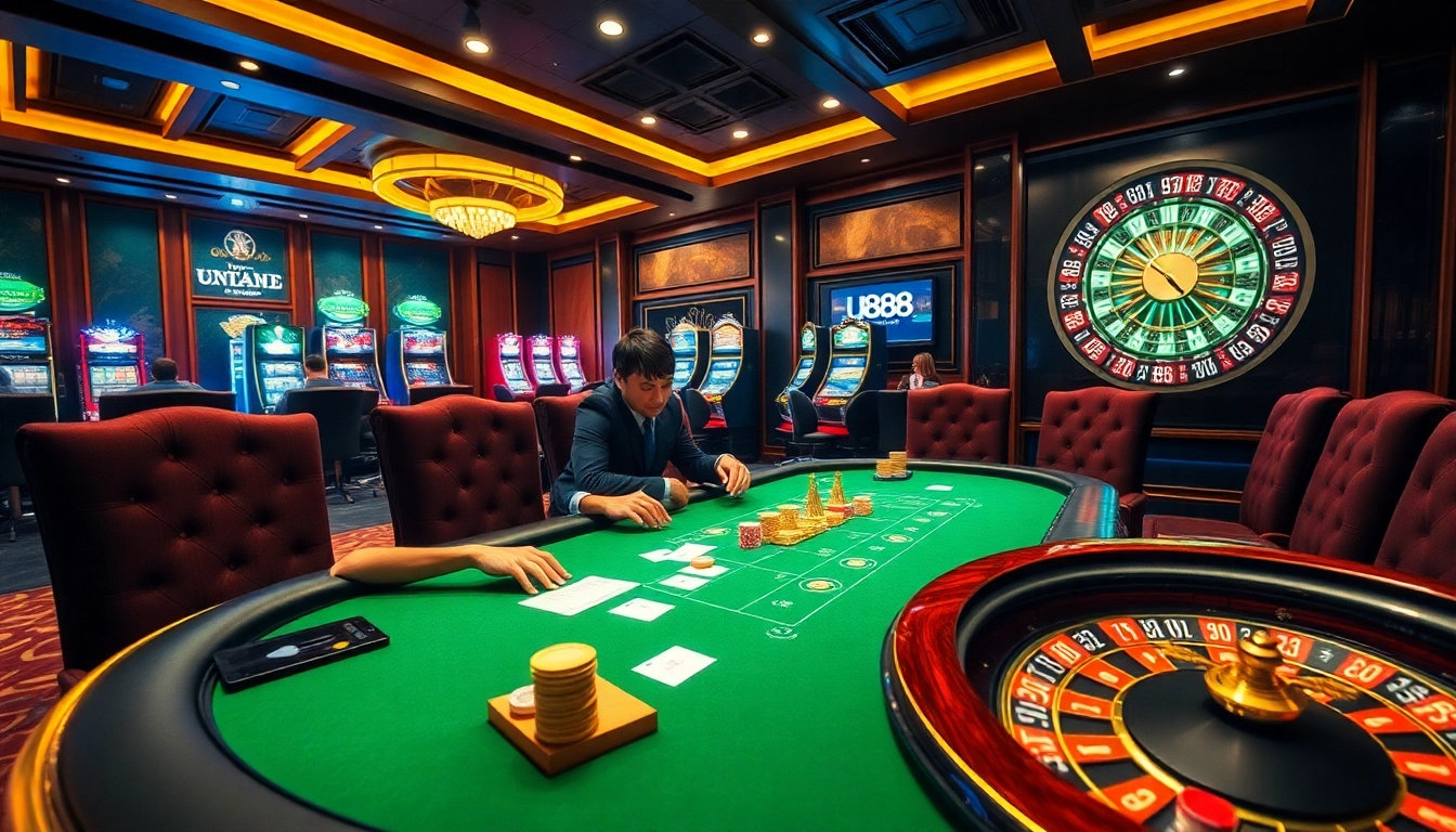 Intense poker game scene highlighting U888 com's luxurious gambling experience.