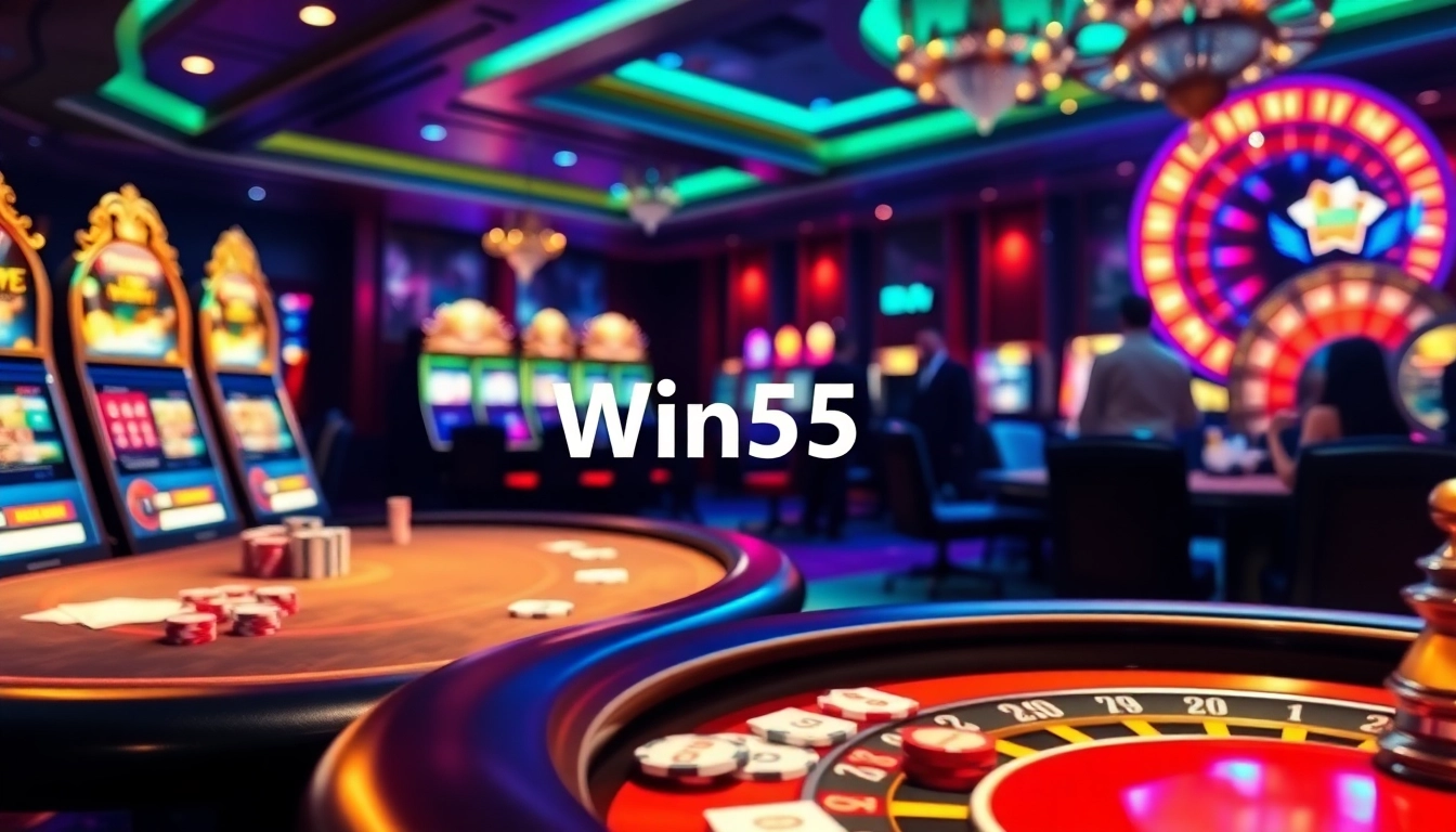 Experience the thrill of Win55 at a luxurious casino poker table with vibrant atmosphere and excitement.
