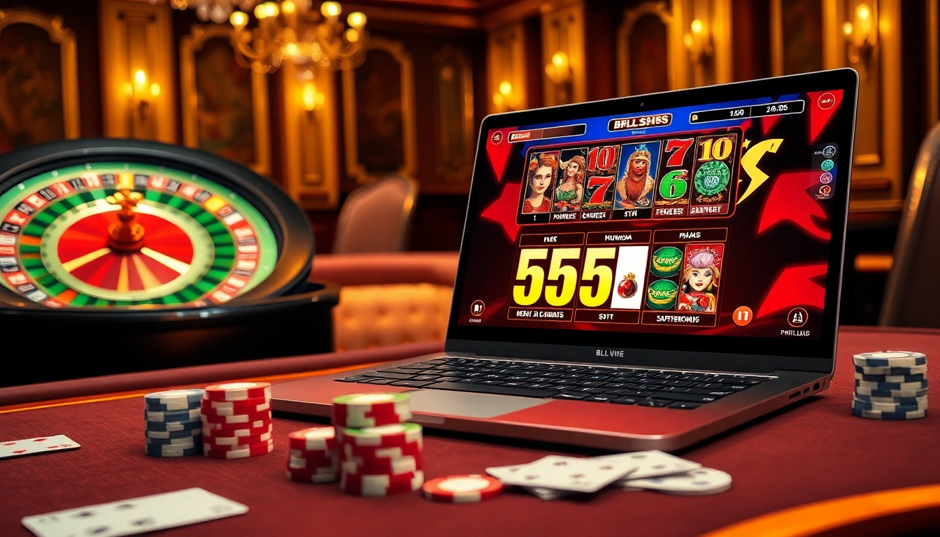 Experience excitement at BL555 casino with luxurious tables and vibrant gambling graphics.