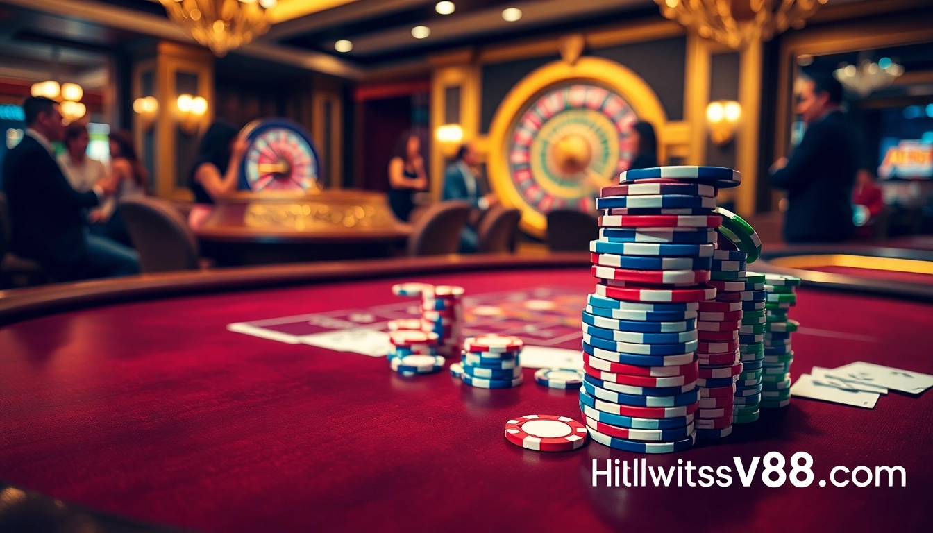 Betting excitement at https://sv88.com/ with poker chips, cards, and glamourous casino ambiance.