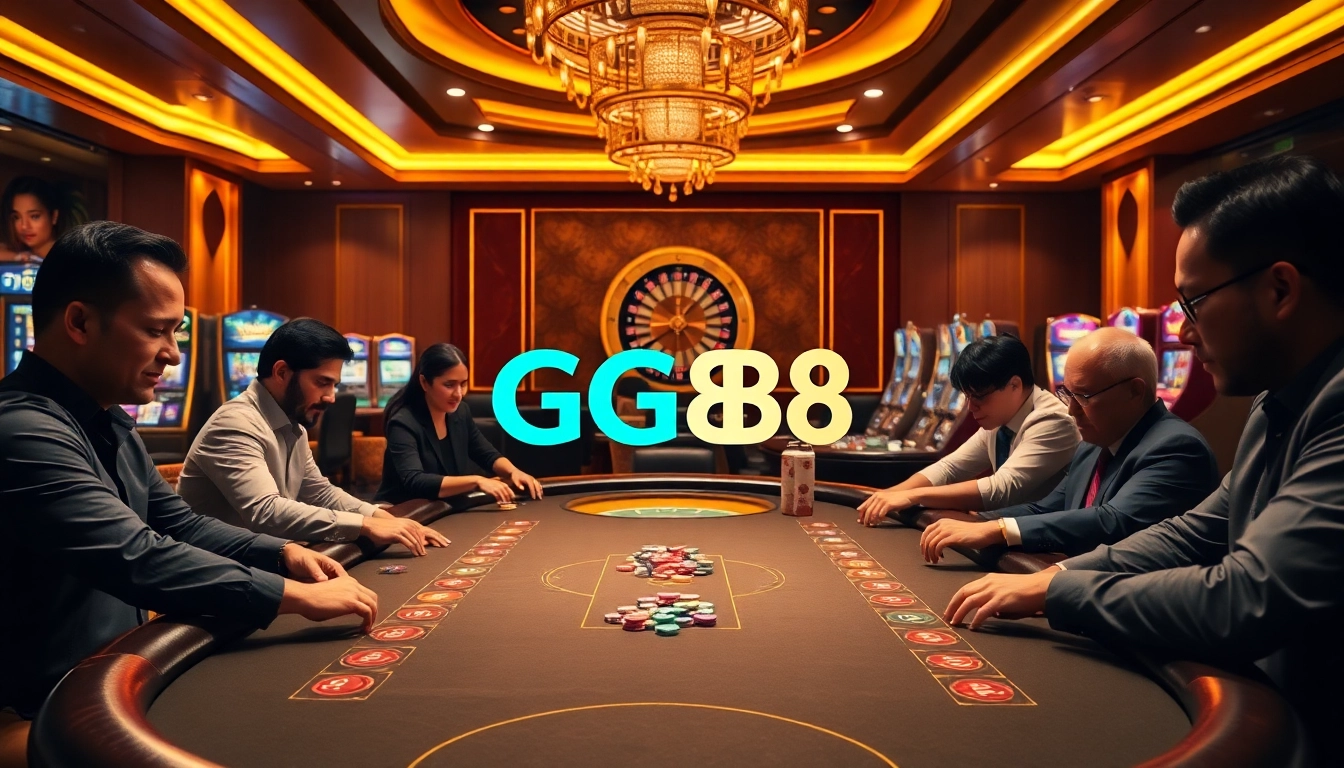 Gamblers engaging in a high-stakes game at GG88, capturing the thrilling atmosphere of an online casino.