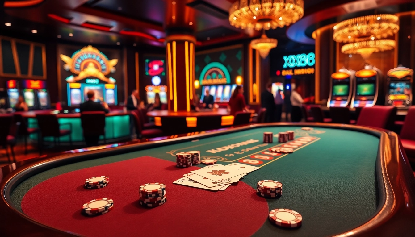 Experience a thrilling poker game at XX88 casino, highlighted by vibrant poker chips and an elegant atmosphere.