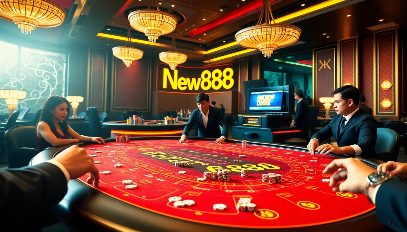 Experience the luxury of New888 with a lively casino scene featuring gaming tables and vibrant action.
