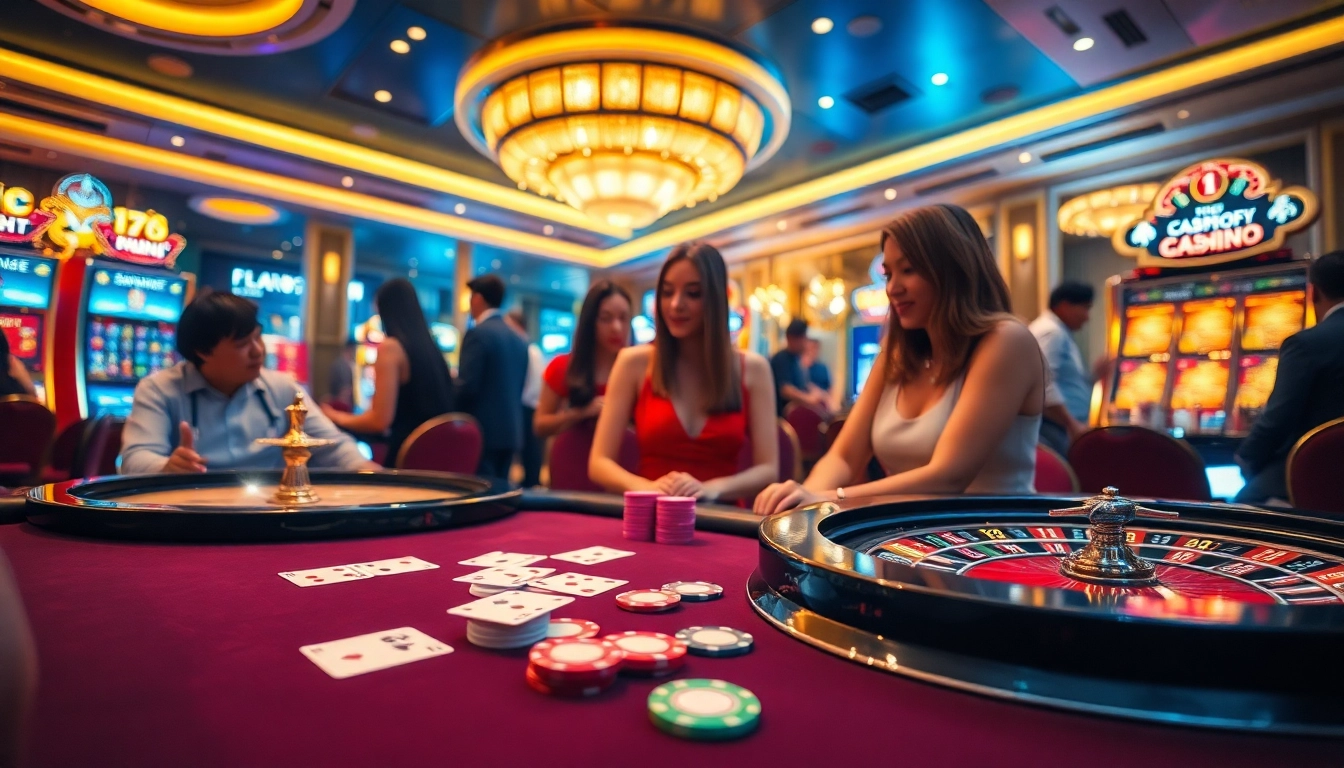 Experience the thrill at nhà cái fun79 with vibrant casino visuals featuring poker tables and roulette wheels.