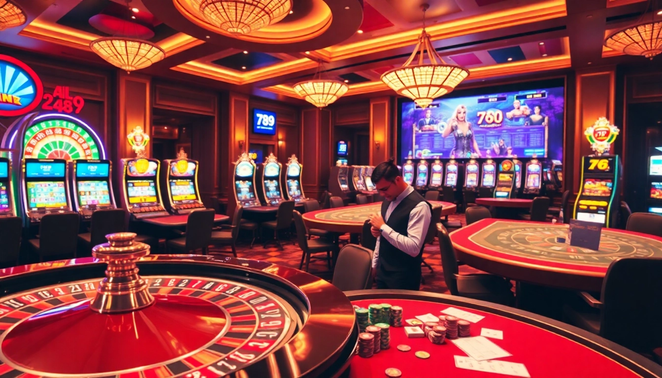 Players engaging in thrilling bets with alo 789, surrounded by vibrant casino elements.
