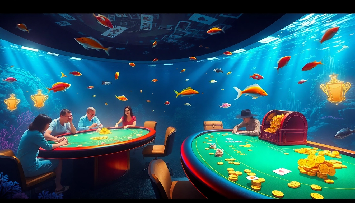 Bắn cá đổi thưởng game scene with players, vibrant fish, casino chips, and underwater treasure.