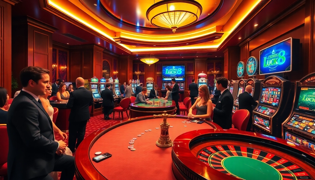 Luck8 players enjoying a luxurious casino atmosphere with vibrant gaming tables and slot machines.