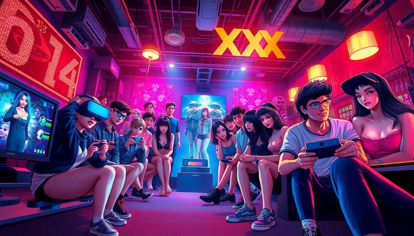 Exciting scene showcasing diverse characters in XXX game interactions, with vibrant colors and dramatic lighting.