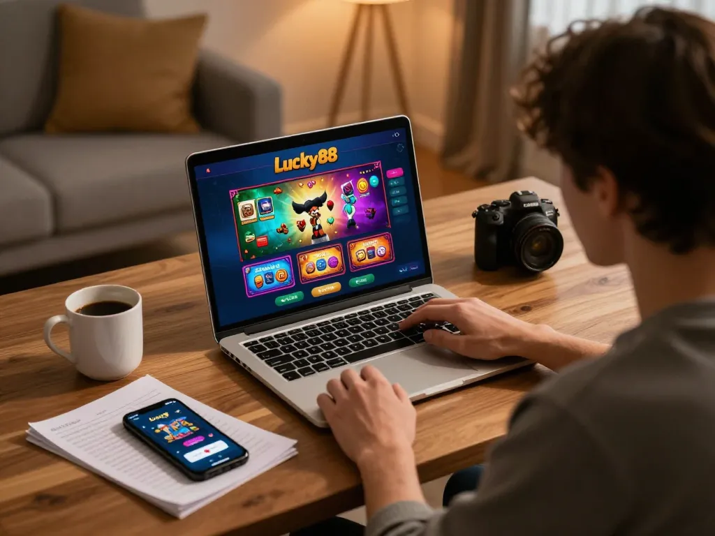 Player engaged with Lucky88 casino app on a laptop at home, showcasing strategic online gaming.