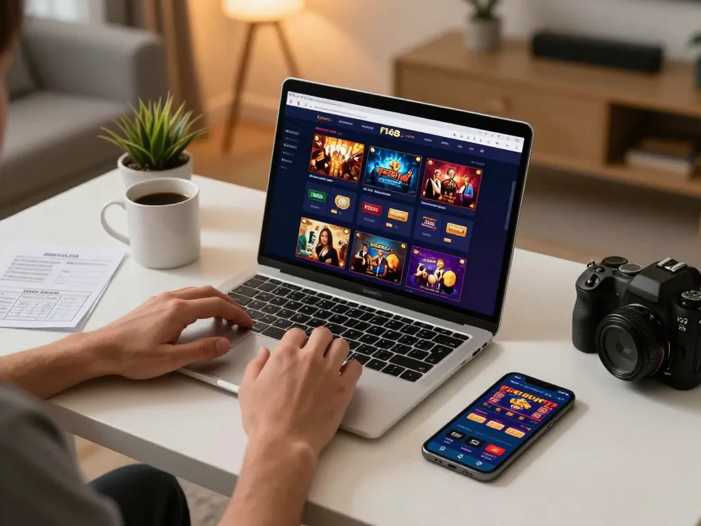 Playing casino games on f168 com with laptop showing exciting gameplay and strategy notes nearby.