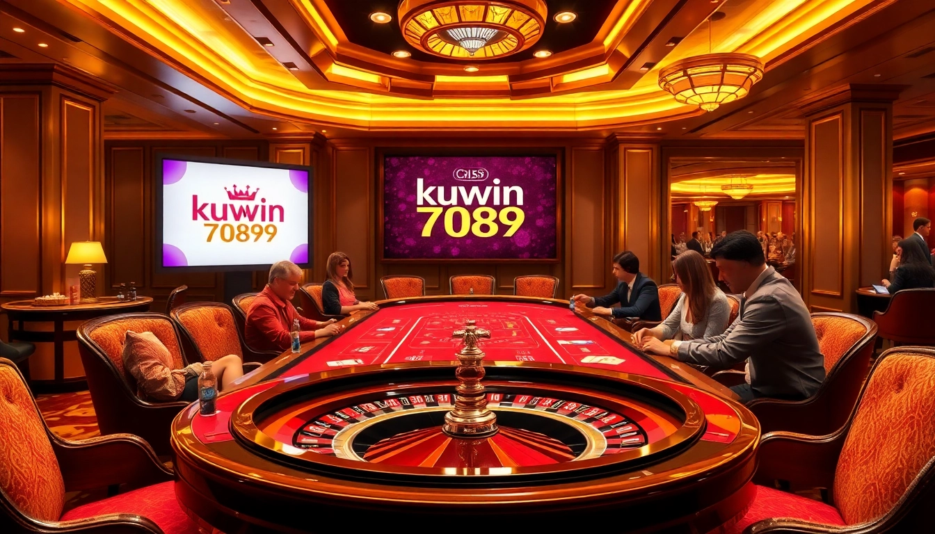 Kuwin 789 gaming table scene with cards, chips, and roulette wheel in a luxurious casino.