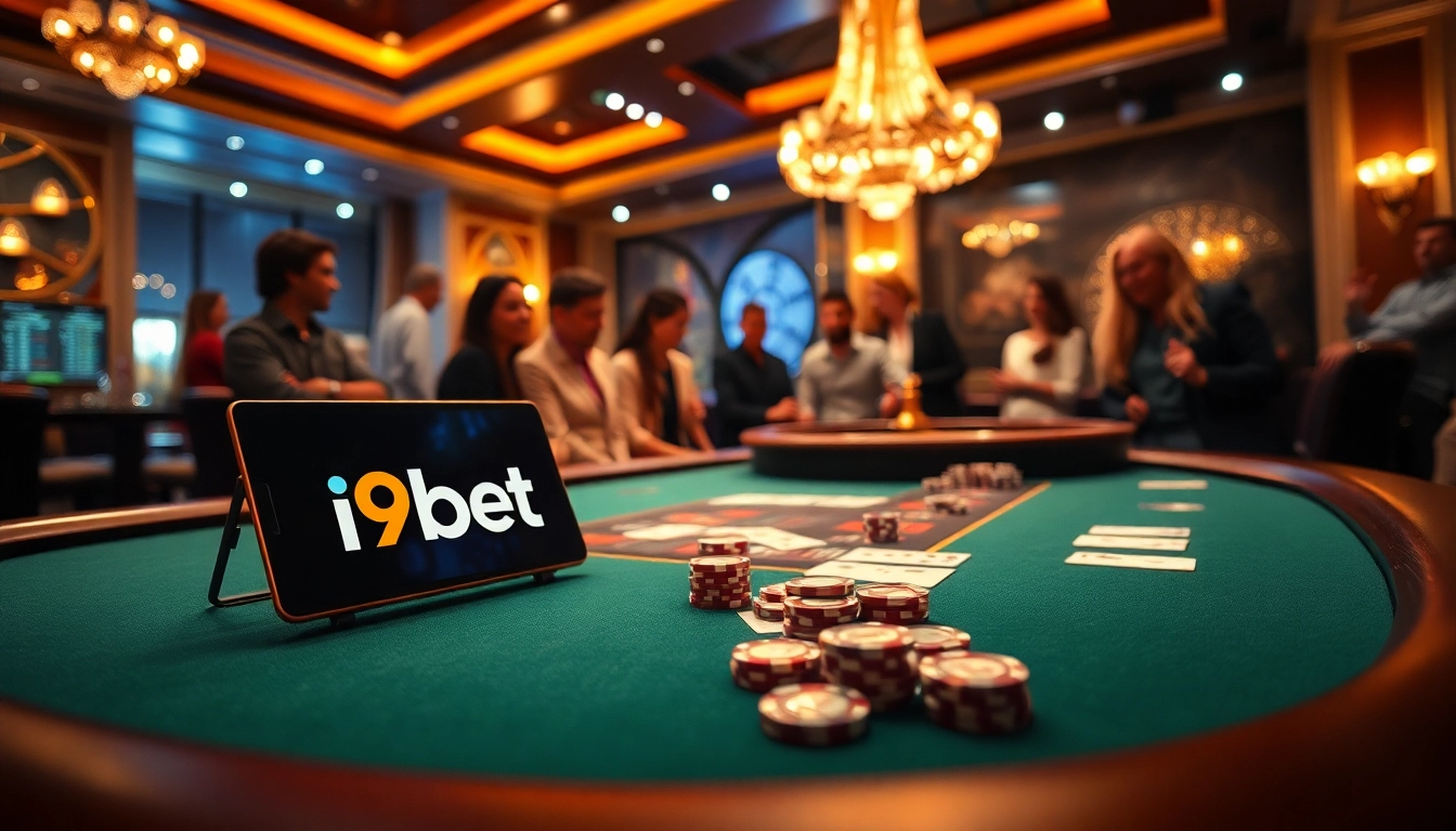i9bet players strategizing at a high-stakes poker table in a vibrant casino.