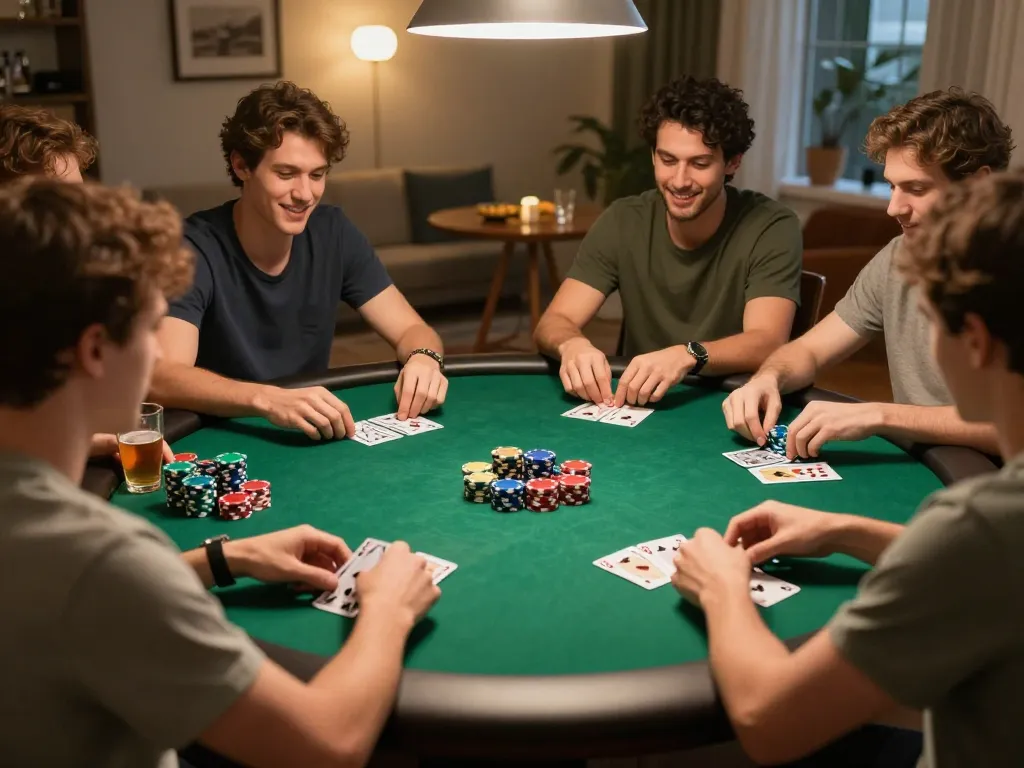 Engaging poker night with friends featuring Da88 themed game, showcasing cards and chips.