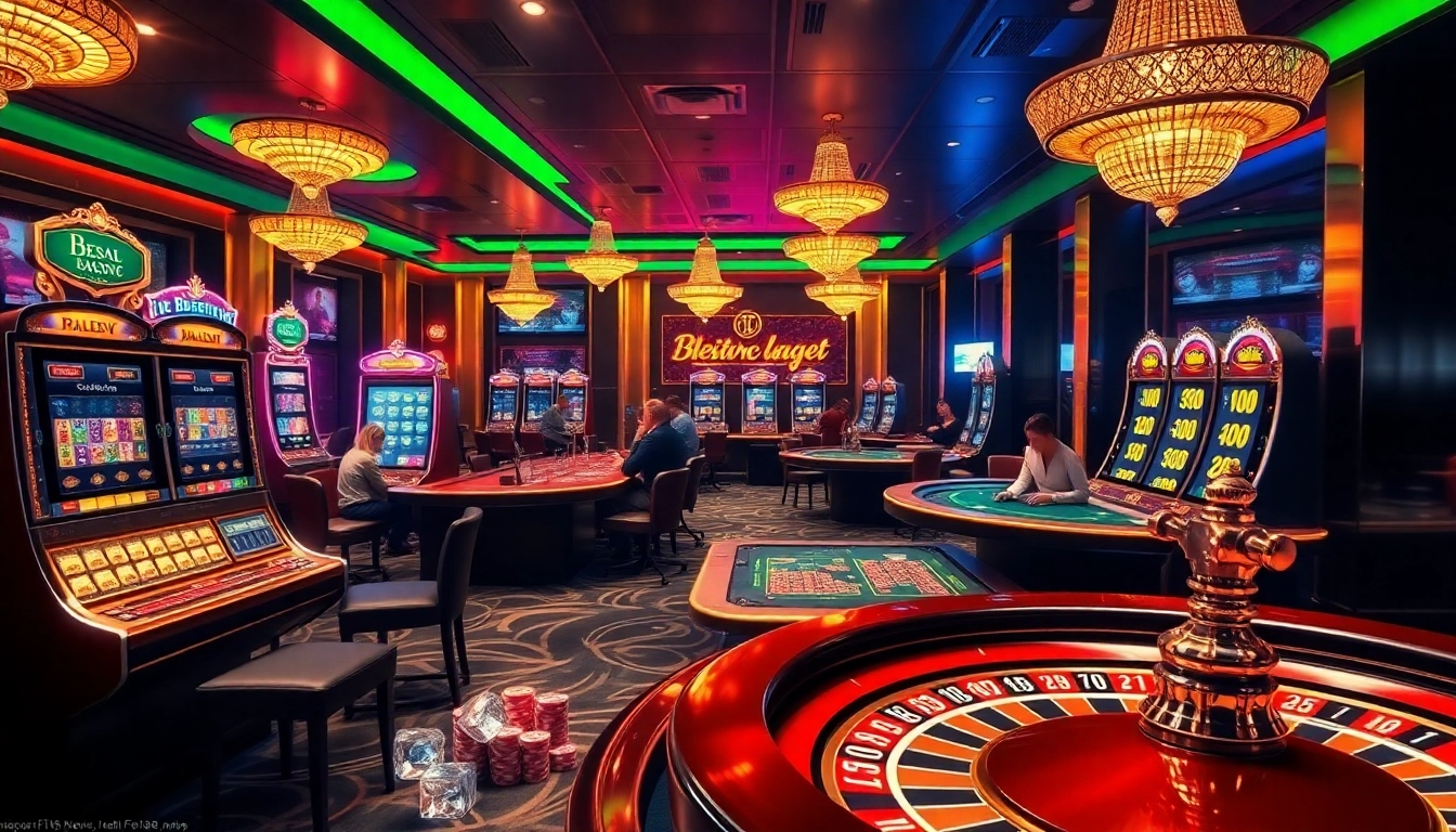 A vibrant gambling scene on https://f168.news/ showcasing an online casino with stylish tables and colorful slot machines.