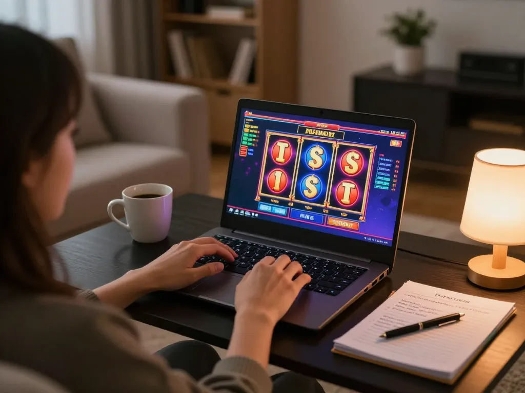 Engaging online gaming experience with go8, showcasing a player enjoying slots on a laptop.