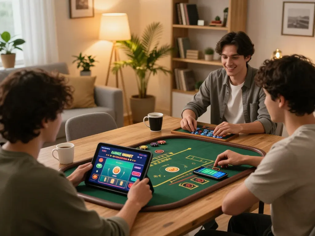 Vin88 user engaging with online betting app on tablet at home desk, creating a responsible gaming atmosphere.