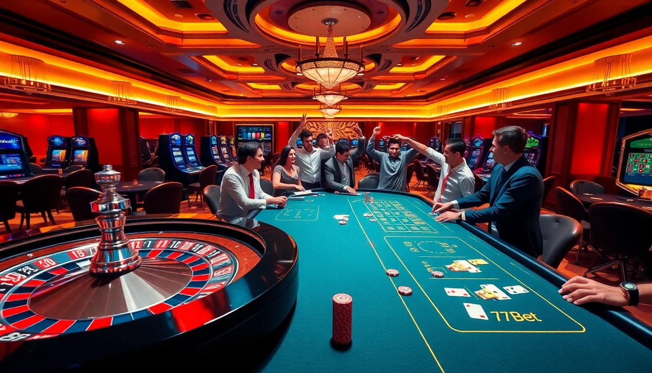 Gamblers celebrating a win at 77Bet with roulette and card games in an elegant casino setting.