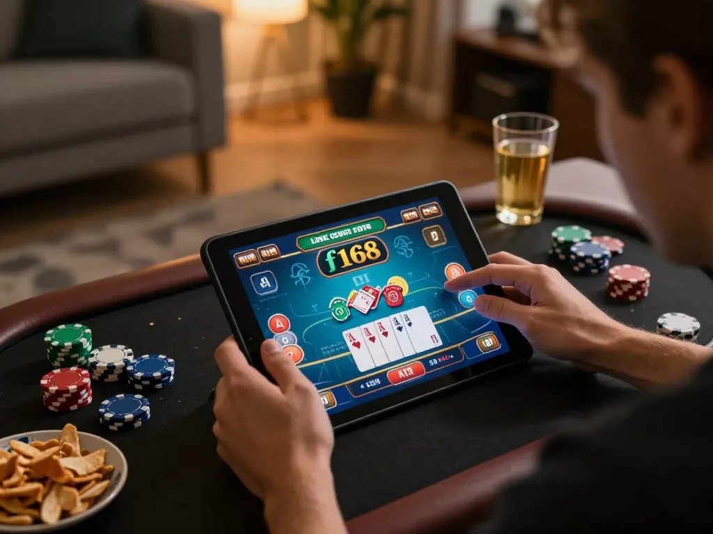 Engaging in online gaming at link f168 with vibrant poker graphics and cozy home setup