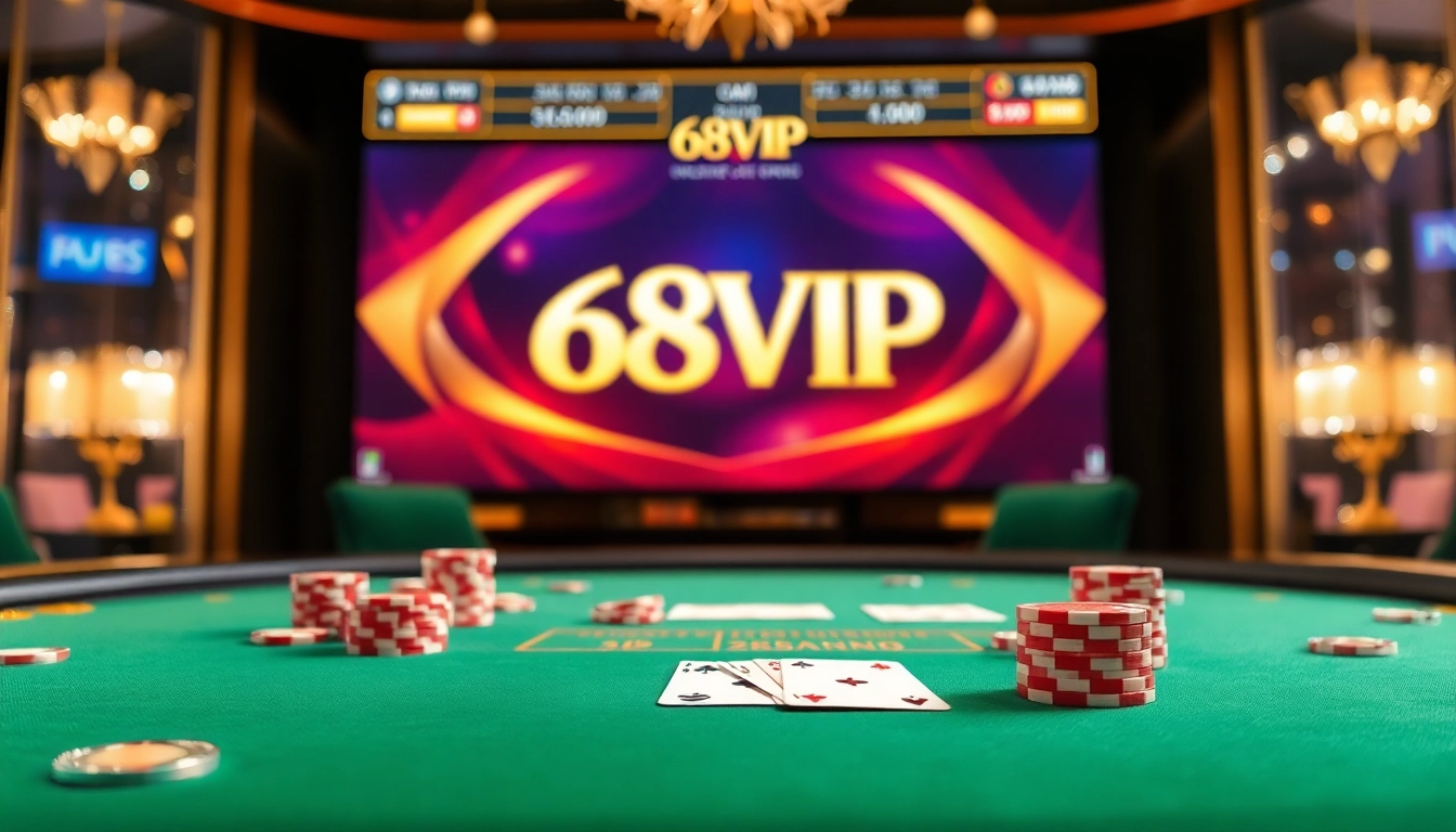 Experience the thrill of 68VIP with luxurious casino tables and vibrant gaming chips.