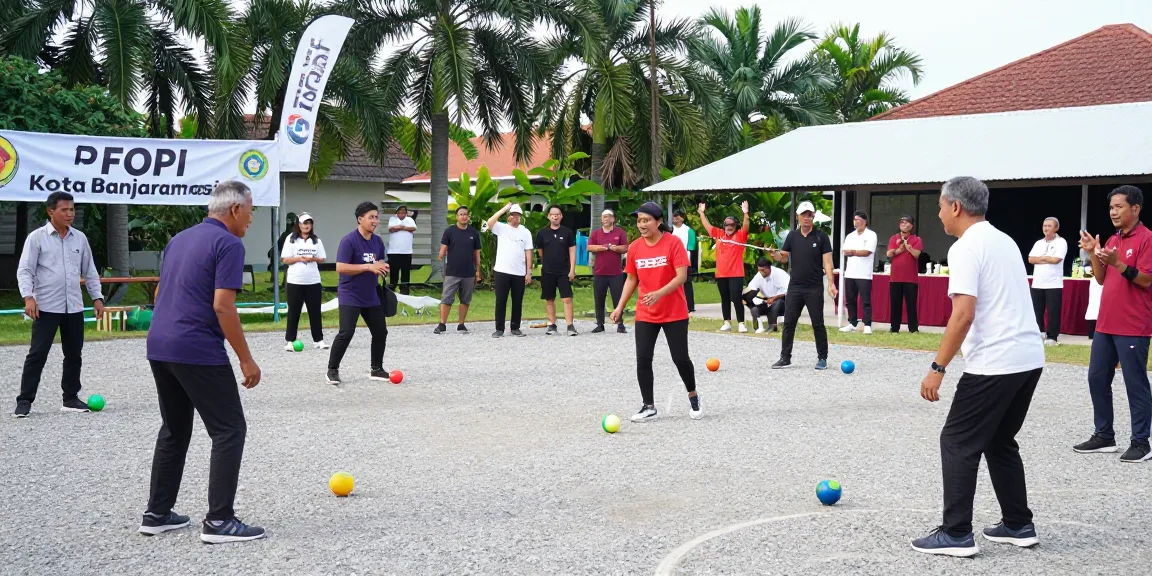 Petanque players at FOPI Kota Banjarmasin engaging in a lively match, showcasing community spirit and sport.