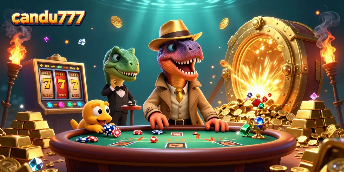 Engage in the thrilling world of candu777 slots featuring cartoon dinosaurs at a blackjack table.