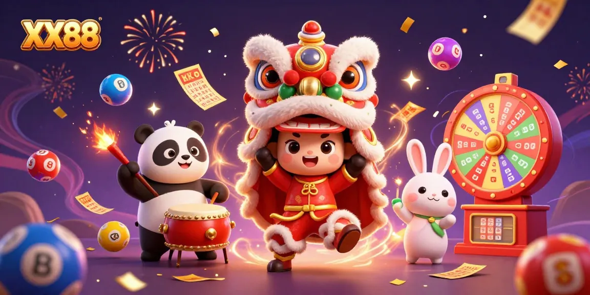 Engage with the energetic XX88 lion dance scene, featuring vibrant lottery elements and festive characters.