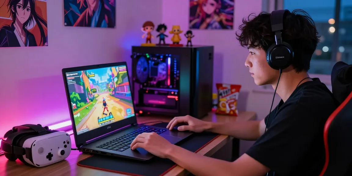 Player enjoying a hentai game on laptop, colorful graphics and cozy gaming room atmosphere.