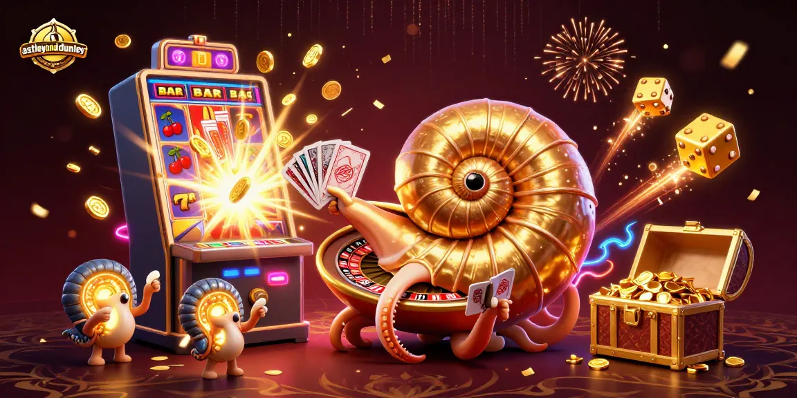 Engage with astleyanddunley through a vibrant casino scene featuring a giant nautilus roulette wheel.