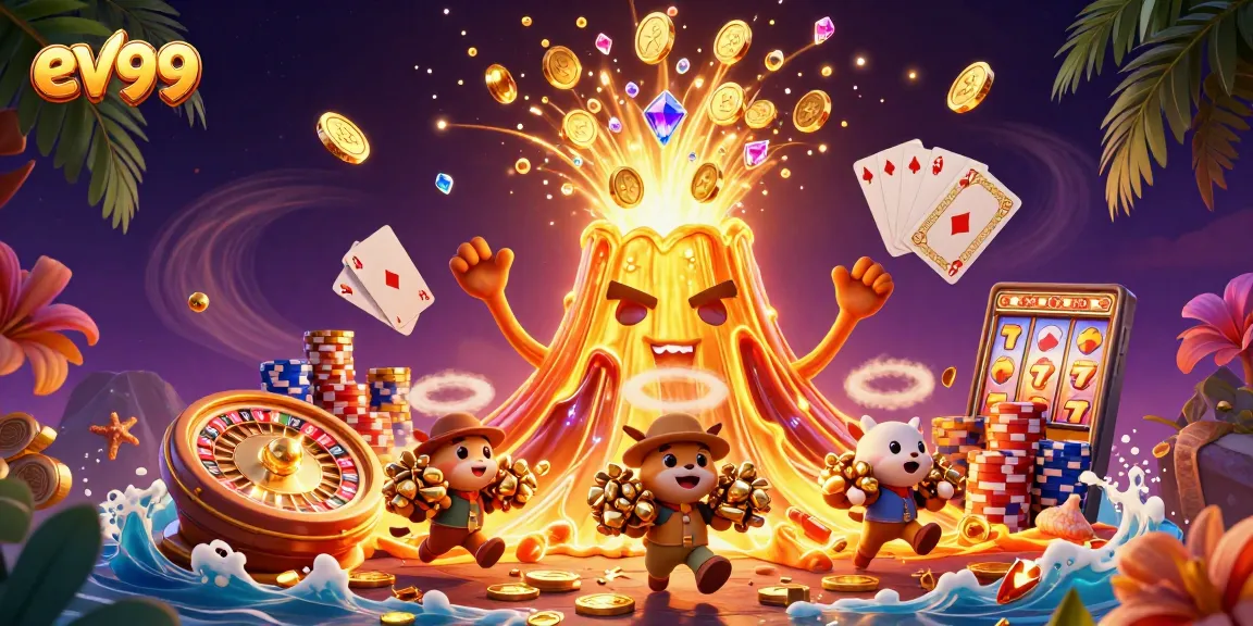 ev99 casino illustration with a golden volcanic eruption pouring coins, exciting gameplay elements