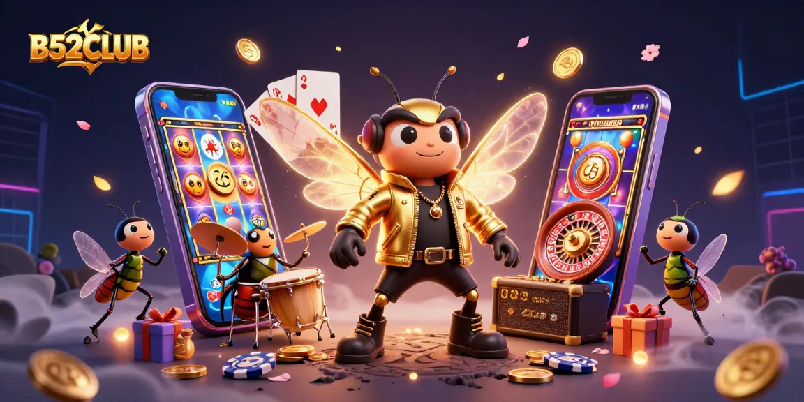 B52CLUB's vibrant illustration showcases a cicada rock star, a beetle drummer, and dynamic gambling elements.