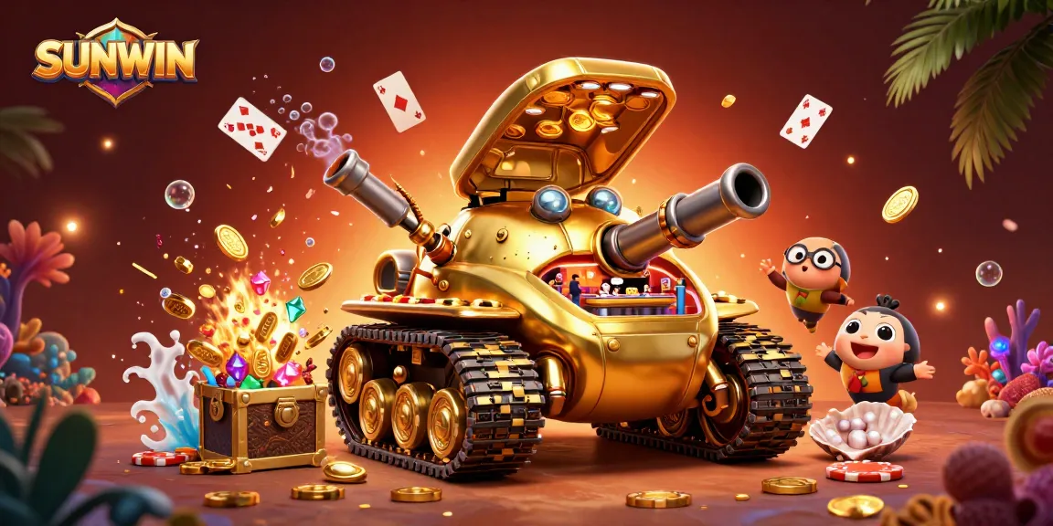 SUNWIN reveals a vibrant 3D cartoon casino in a golden beetle tank, where tiny patrons enjoy casino games.
