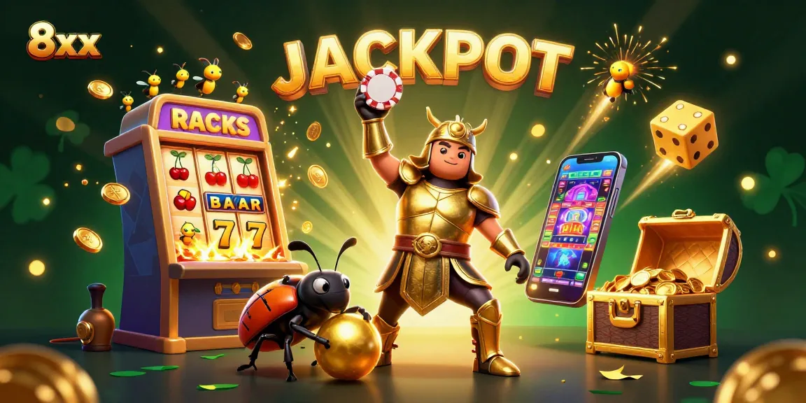 Win big at 8xx with vibrant 3D illustration of a victorious beetle and jackpot display.
