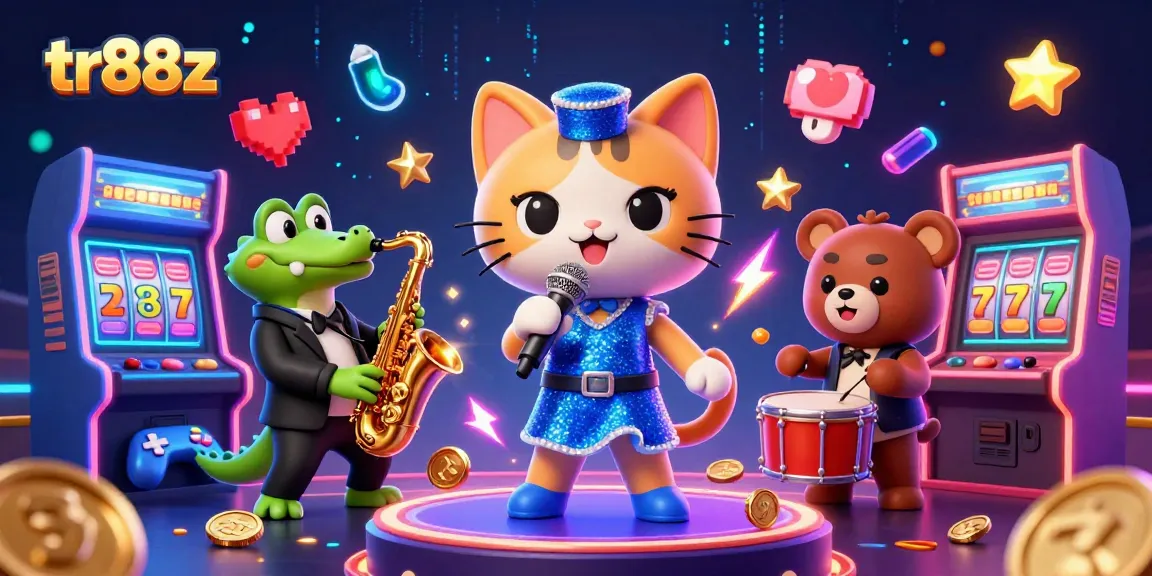 tr88z casino scene with a jazz-singer cat, saxophone crocodile, and drum bear cub engaging in gaming excitement.