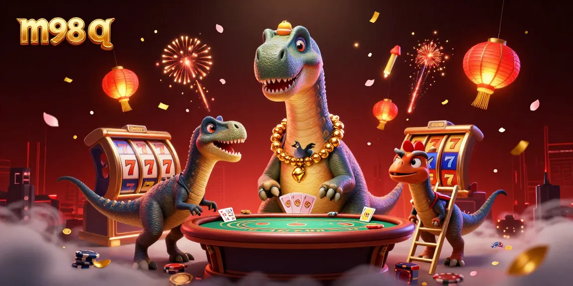 Engage with m98 q at a dynamic casino featuring a giant brontosaurus above a poker table.